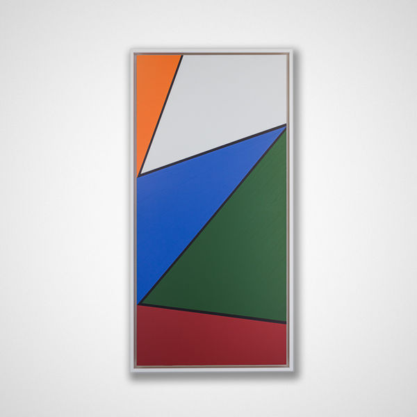 Abstrakt akrylmålning av Sigfrid Billgren med målade färgfält, grön, blå, röd, vit, orange, svarta linjer,