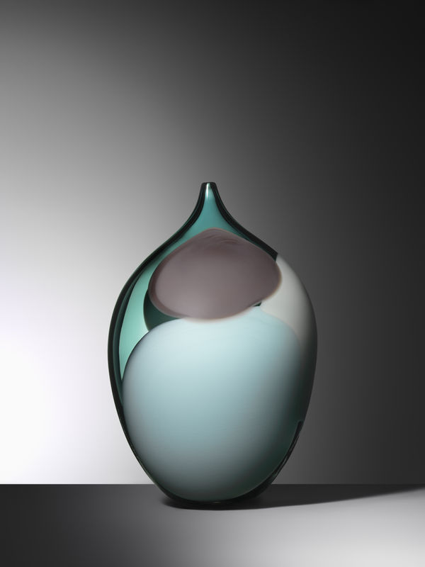 Glasverk, oval, liten hals, turkos, vit, beige prickar