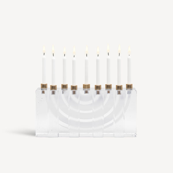 ljusstake, massivt glas, vit, 9 st ljus, mässing