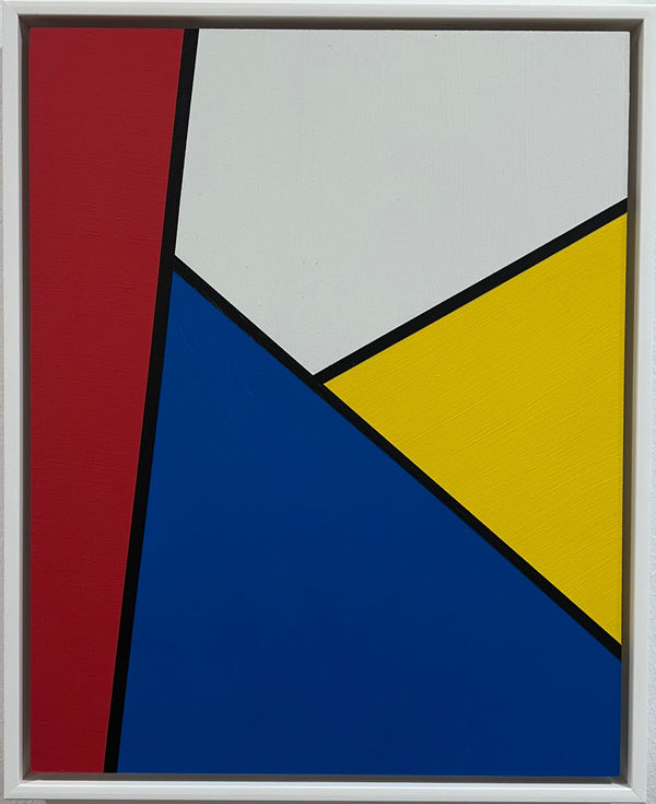 Abstrakt tavla av Sigfrid Billgren, röd, gul, vit, blå, raka liner.