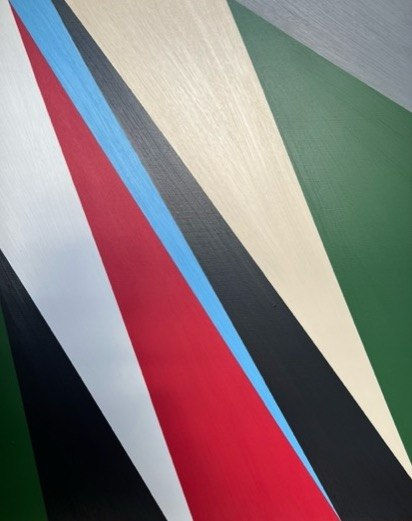 Abstrakt tavla av Sigfrid Billgren, svart, brun, berige, grön, röd, blå, raka liner.