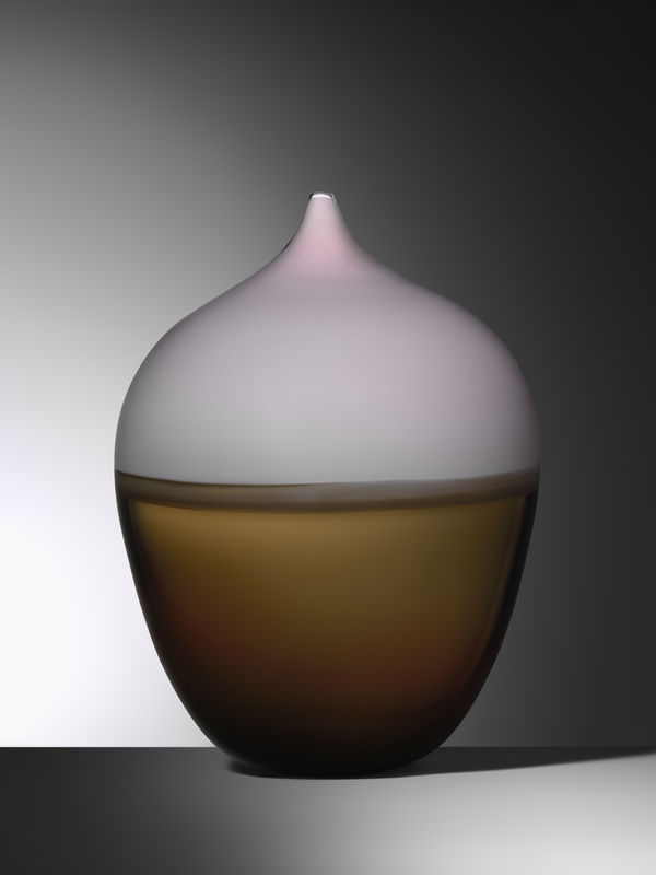 Glasverk, liten hals, rosa topp, brun botten