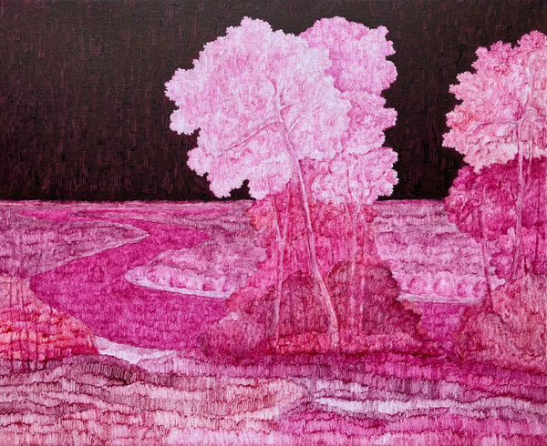 Oljemålning av Maria Hall - Landskap med träd, flod, himmel och gräs i magenta rosa färger.