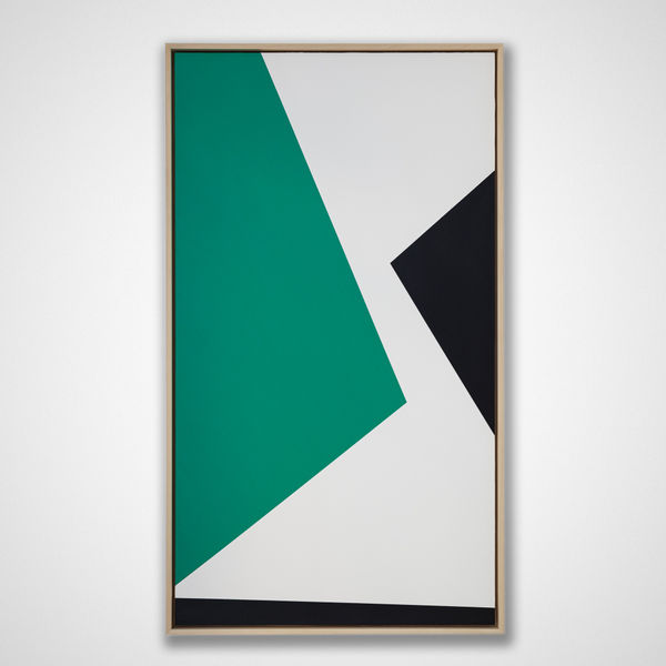 Abstrakt akrylmålning av Sigfrid Billgren med målade färgfält i grön, vit, svart.