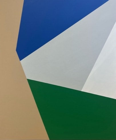 Abstrakt tavla av Sigfrid Billgren, svart, brun, berige, grön, blå, raka liner.