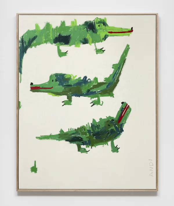 Andi Fischer JOINT EXPLORATION THERE , 2025 oil stick, pencil on canvas 140 x 110 cm, 143 x 113 x 3.5 cm artist frame