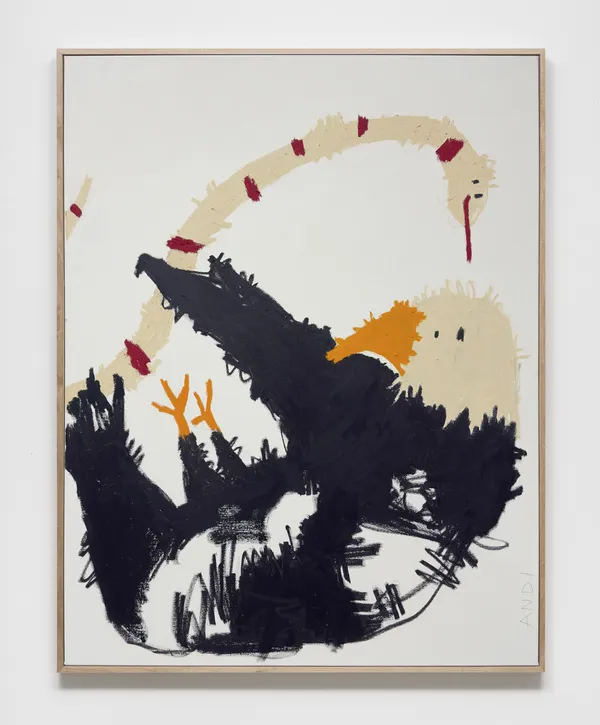 Andi Fischer AHA WISDOM RETURNS, 2025 oil stick, pencil on canvas 180 x 140 cm, 183 x 143 x 3.5 cm artist frame