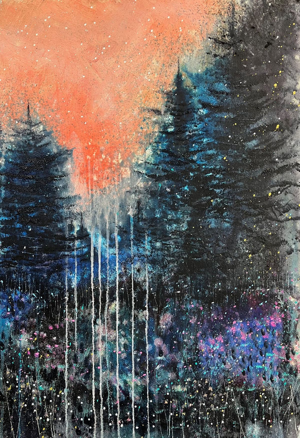 Rebecca Patterson Pine Code Mixed media on canvas board 60 x 42 cm Framed 74 x 56 cm