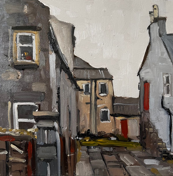 John O'Neill Walking Around in the Rain Waiting on Kwik Fit Oil on panel 20 x 20 cm Framed 40 x 40 cm