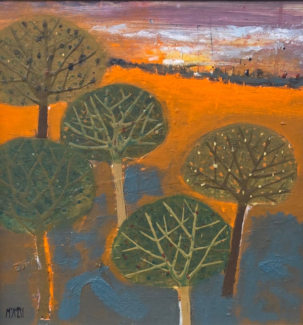 Robert McAulay, Five Stylised Trees, Three Figures and a Sunset