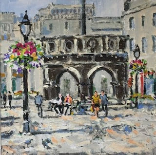 Kathleen Bremner P&J at the Castlegate, Aberdeen Acrylic 30 x 30 cm Framed size 50 x 50 cm
