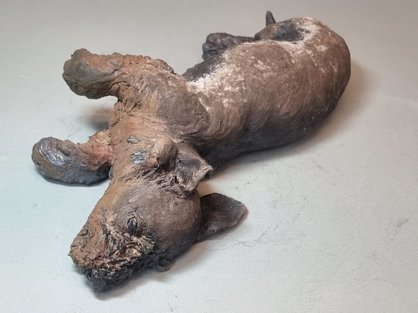 Lesley D McKenzie Rolly Molly Sausage Dog Raku fired ceramic