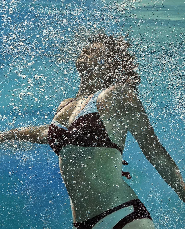 Contemporary figurative painting by Eric Zener depicting a female swimmer underwater, surrounded by air bubbles and blue water, capturing movement, light, and immersion. This photorealistic painting explores the human figure in water, a signature subject in Zener’s contemporary realism and swimming series.