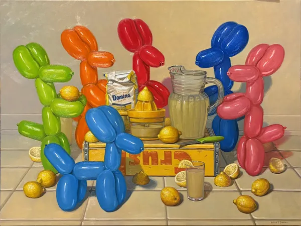 Robert C. Jackson still life painting featuring colorful balloon animals, lemons, and a lemonade setup with a glass pitcher and citrus juicer. Painted in a contemporary realist style, the composition combines bright balloon dog sculptures in red, blue, green, orange, and pink with yellow lemons arranged across a tiled surface. Known for his narrative still lifes, Jackson creates playful yet carefully structured scenes using everyday objects, strong color contrast, and precise lighting.
