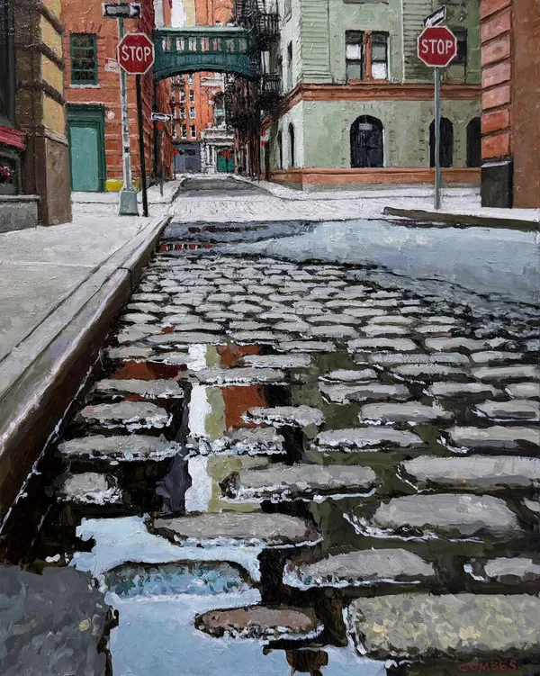 Painting of a cobblestoned street in New York City