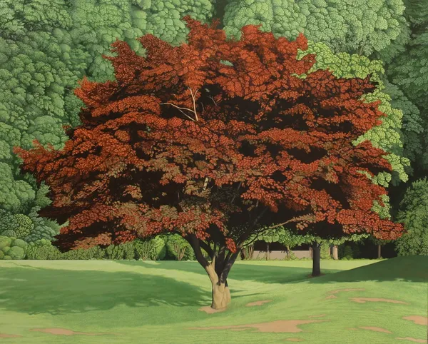 Painting of a red leafed maple tree in a green field