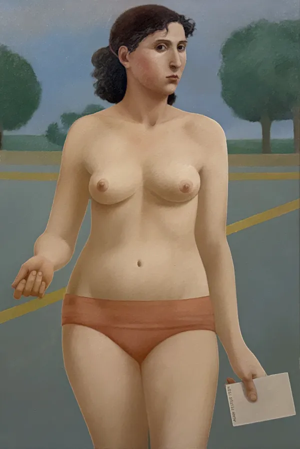 Nude painting of a woman in a parking lot