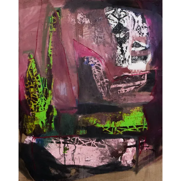 Lena Göbel Untitled (from the Series "Finger, sie haben kein Gehirn"), 2023 Oil and woodcut on paper on canvas 150 x 120 cm signed and dated on the reverse: "Lena Göbel 2023"