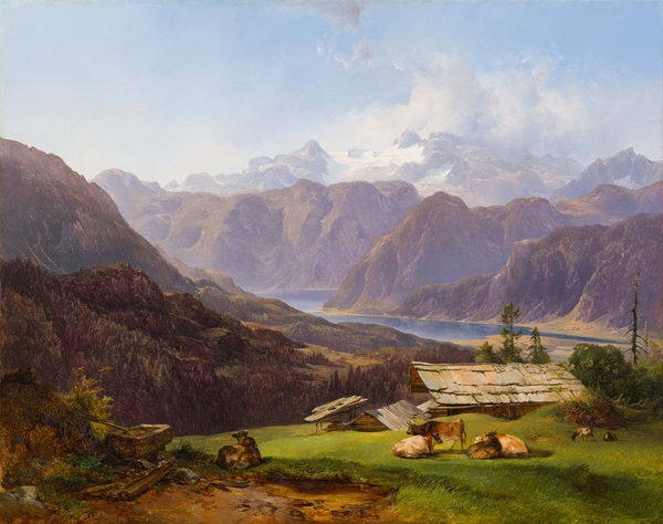 Anton Hansch, Blick von der Hütteneckeralm auf den Hallstättersee und den Dachstein, 1845