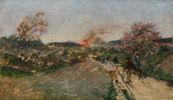 Theodor von Hörmann Sketch for "Dorfbrand" (Village Fire), c. 1887/1888 Oil on wood 12,5 x 22 cm titled on the reverse