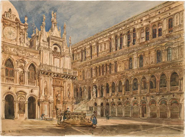 Rudolf von Alt Courtyard of the Doge's Palace in Venice, 1864 watercolour on paper on cardboard 38,9 x 52,7 cm signed and dated on the lower left: „R. Alt 1864“, below: "94"; on the lower right Lobmeyr collector's stamp; on the reverse: „RL 01125“ in handwriting as well as label: „Sammlung Leopold II 763“