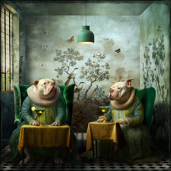 Maggie Taylor surrealistic photography two dogs with martinis available at gilman contemporary