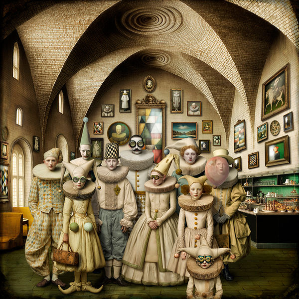 Maggie taylor artwork clowns dressed up in house with art on walls