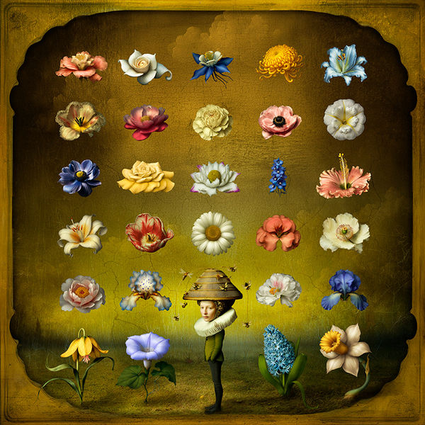 maggie taylor artwork of woman surrounded by different types of colorful flowers with a beehive on her head availible at gilman contemporary