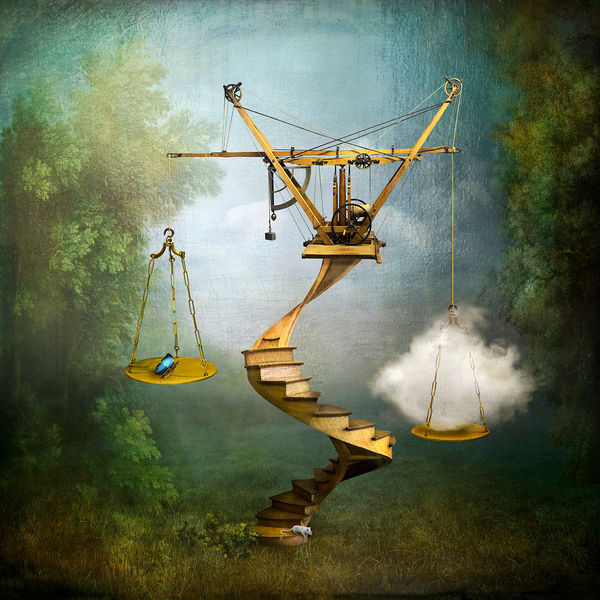 Maggie Taylor surrealist photography staircase and scales with bird and cloud purchase at Gilman contemporary