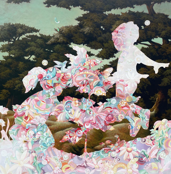 colorful work of children playing a field by artist Duo Hall /Spassov