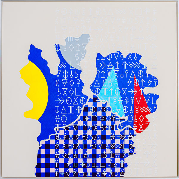 colorful shapes with an overlay of a hieroglyphics