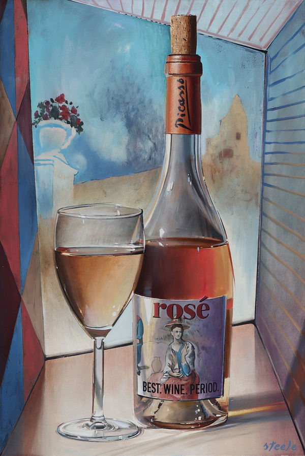 ben steele picasso painting rose wine bottle with picasso label and harlequin wall
