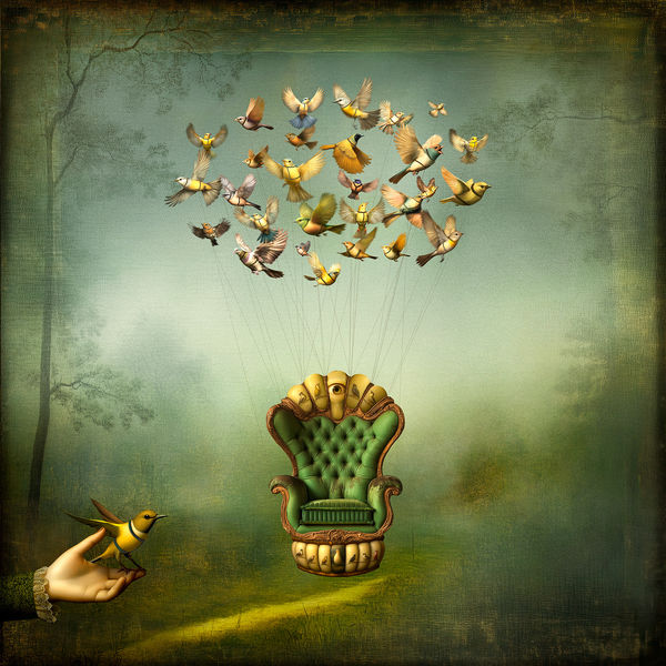 Maggie Taylor surrealist photography bird in hand chair carried by birds Gilman Contemporary