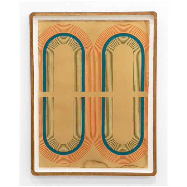 Kelly Ording painting with ochre and green linear ovals Gilman Contemporary