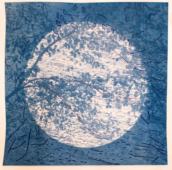 Dora Somosi Hand printed cyanotype with embroidery image of moon and tree branches