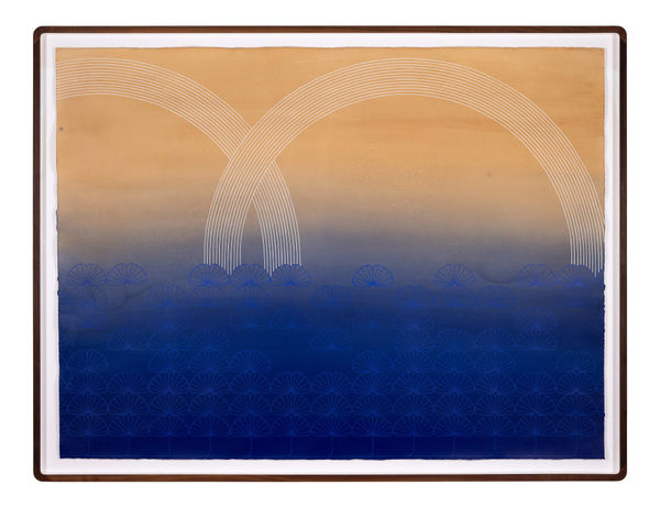 Kelly Ording painting hand stained coffee toned paper, deep blue, fan motives and arches view at Gilman Contemporary