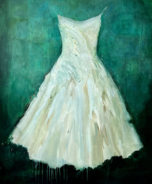Laura Schiff Bean white dress painting on green