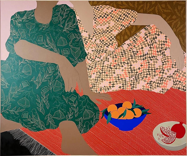 two women relax on a red blanket, painting by Carmen McNall