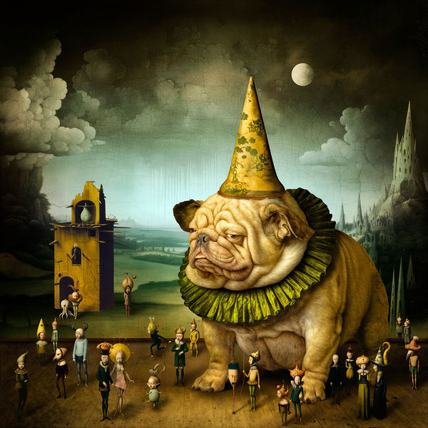 Maggie Taylor surrealist photography Bulldog in birthday hat buy at gilman contemporary