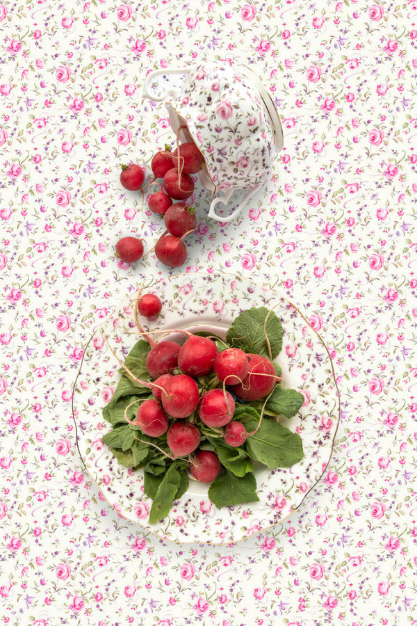 radishes on rose patterned heirloom dish