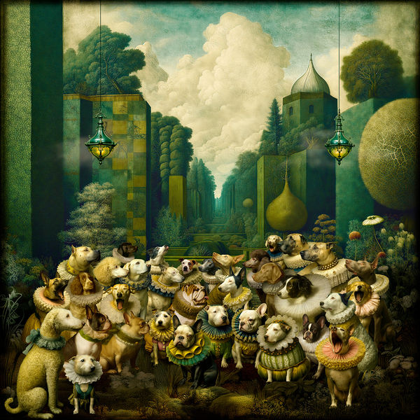 Maggie Taylor surrealist photography dogs dressed up near hedges at Gilman contemporary