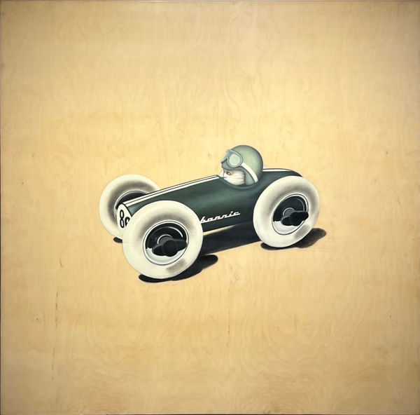 A young person sits in an almost toy like race car, painting by Tony Hernandez