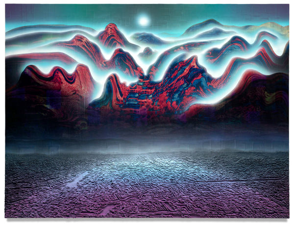 Wutong-Tree Academy (Suzhou) , 2023 Financial Times newspaper, archival inkjet, acrylic, and sand on linen 150 x 200 cm 59 x 78 1/2 in