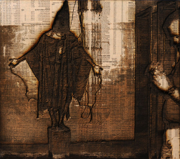 Hood (Disasters of Terror), 2009 Pyrographic laser etching with 20-30 layers of vaporised Financial Times newspaper on plywood 24.2 x 21.9 cm 9 1/2 x 8 1/2 in