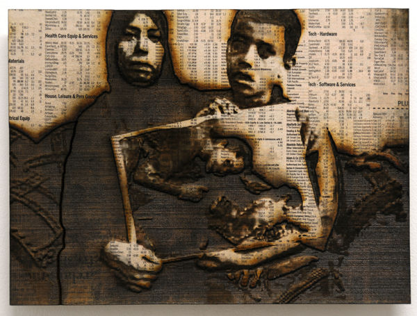 Family (Disasters of Terror), 2009 Pyrographic laser etching with 20-30 layers of vaporised Financial Times newspaper on plywood 20 x 24.7 cm 8 x 9 1/2 in