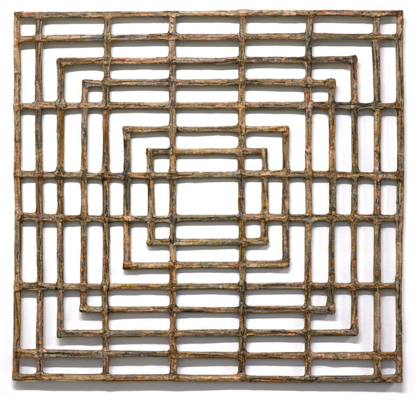 Window #40, 2020 Financial Times newspaper, bamboo and adhesive 113 x 119.5 x 2 cm 44 1/2 x 47 1/2 x 1 in