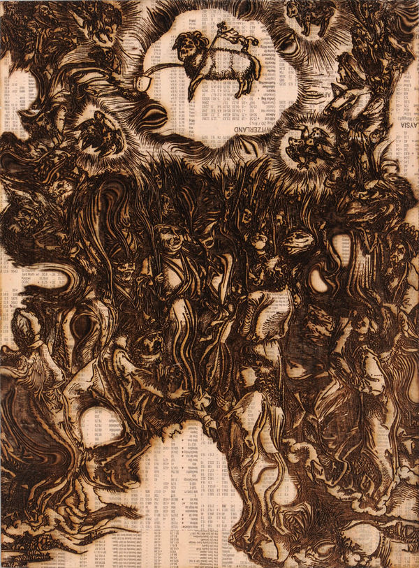 Revelations XIII (Apocalypse), 2009 Pyrographic laser etching with 20-30 layers of vaporised Financial Times newspaper on plywood 32.5 x 24.5 x 2 cm 13 x 9 1/2 x 1 in