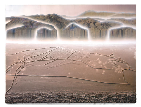 Lines in the Sand, 2016 Financial Times stock listings, acrylic, pumice and sand on canvas and sail cloth 150 x 200 x 5 cm 59 1/2 x 78 1/2 x 2 in