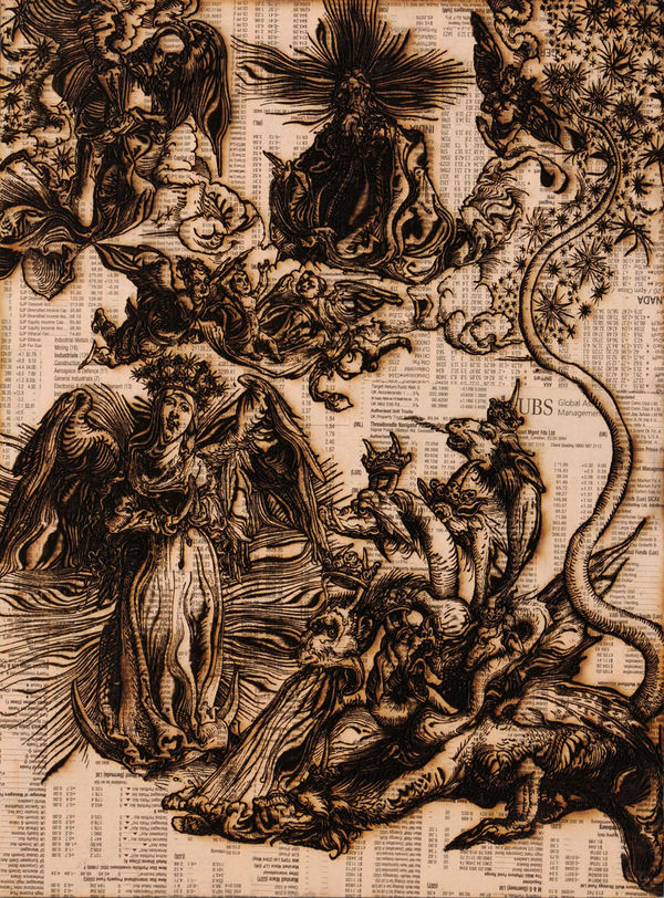 Revelations X (Apocalypse), 2009 Pyrographic laser etching with 20-30 layers of vaporised Financial Times newspaper on plywood 32.5 x 24.5 x 2 cm 13 x 9 1/2 x 1 in