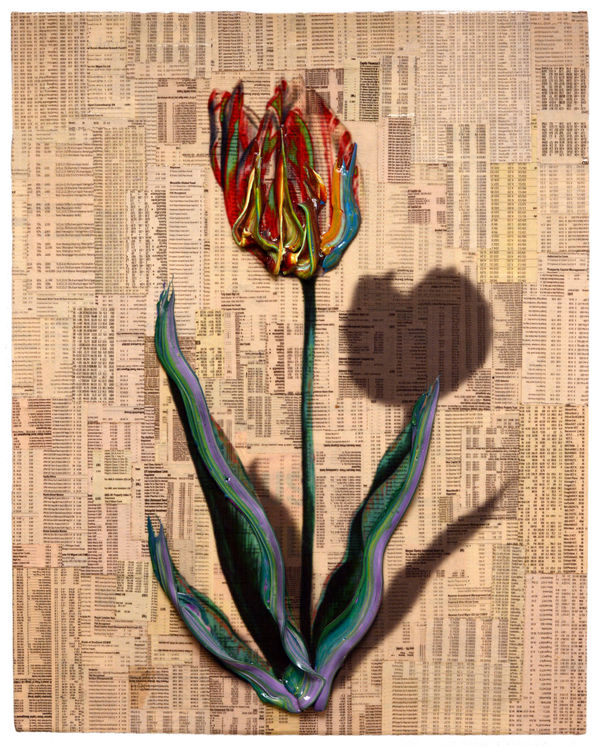 De Admirael van der Eyck (Tulipbook), 2013 Financial newspaper, archival inkjet and acrylic on canvas 50 x 40 x 5 cm 19 1/2 x 16 x 2 in
